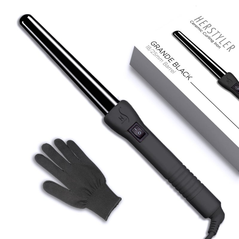 Herstyler Grande Ceramic Curling Wand  1 inch Dual Voltage for Long and Short Hair  Negative Ions Black